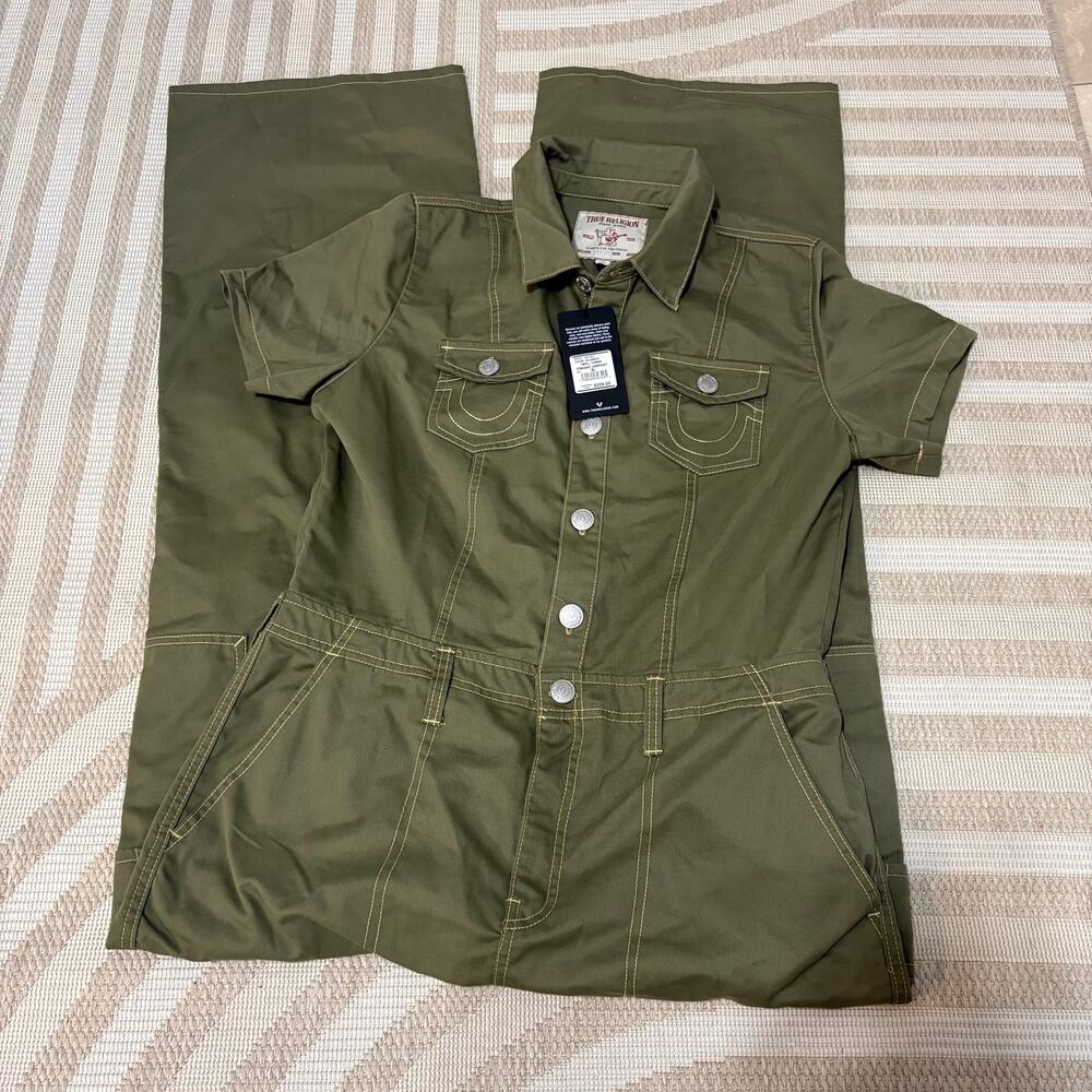 True Religion NWT Twill Cargo Straight Jumpsuit Women's XL Kalamata MSRP $209